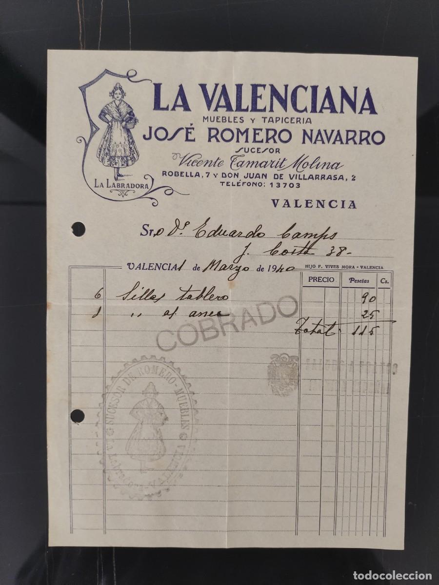 Facturas antiguas: Papel factura fallera La Valenciana muebles y tapiceria Jose Romero Navarro Valencia a&ntilde;o 1940