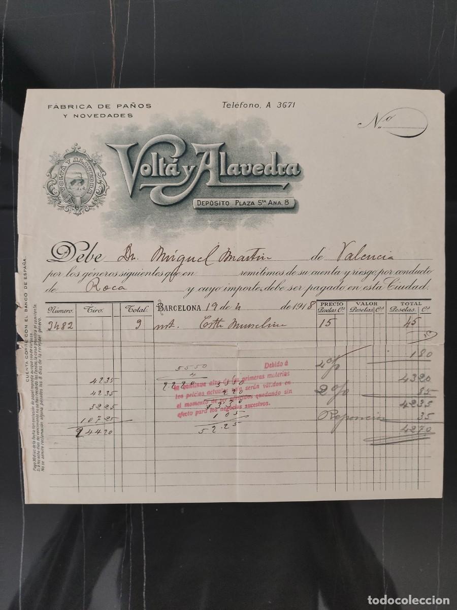 Facturas antiguas: Papel factura fabrica de pa&ntilde;os y novedades Volta Alavedra Valencia a&ntilde;o 1918