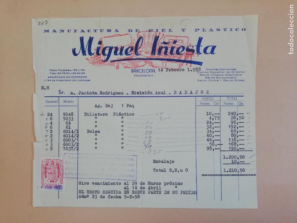 Facturas antiguas: FACTURA. MANUFACTURA DE PIEL Y PLASTICO. MIGUEL I&Ntilde;IESTA. BARCELONA ,1958.