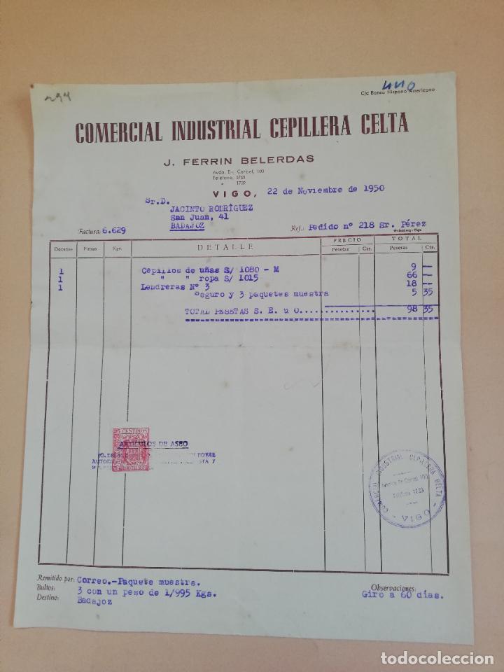 Facturas antiguas: FACTURA. COMERCIAL INDUSTRIAL CEPILLERA CELTA. J. FERRIN BELERDAS. VIGO, 1950.