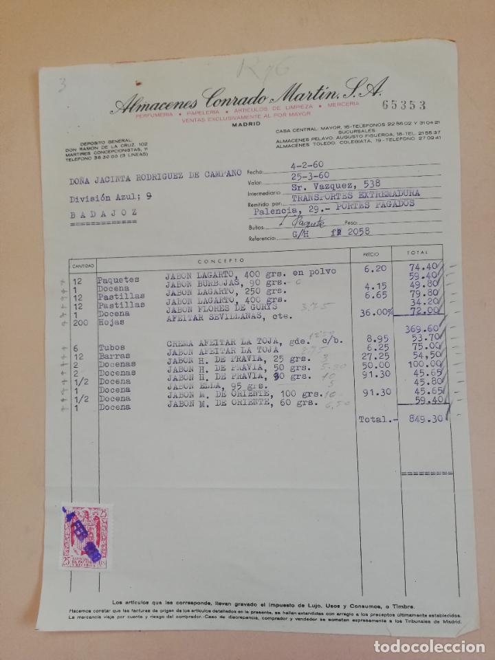 Facturas antiguas: FACTURA. ALMACENES CONRADO MARTIN, S.A. PERFUMERIA PAPELERIA LIMPIEZA. MADRID, 1960.