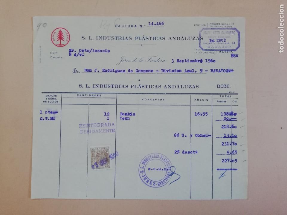 Facturas antiguas: FACTURA. S. L. INDUSTRIAS PLASTICAS ANDALUZAS. JEREZ DE LA FRONTERA. 1960.