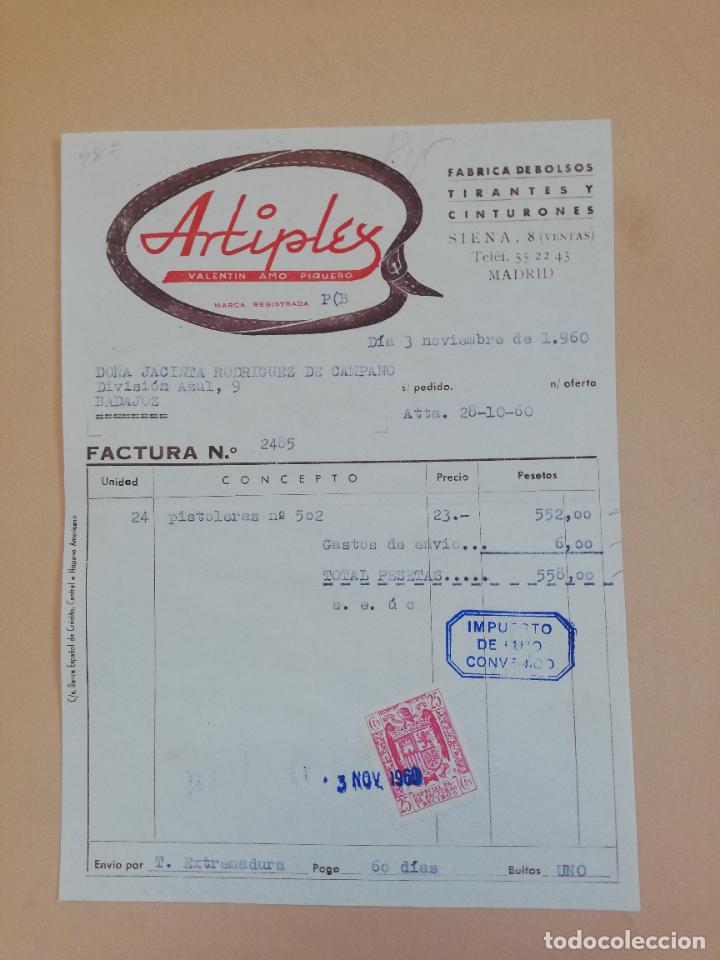 Facturas antiguas: FACTURA. FABRICA DE BOLSOS, TIRANTES Y CINTURONES. ARTIPLEX. MADRID, 1960.