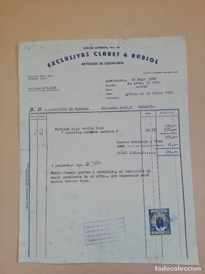 Facturas antiguas: FACTURA. ARTICULOS DE CUCHILLERIA. EXCLUSIVAS CLARET & RUBIOL. BARCELONA, 1960.