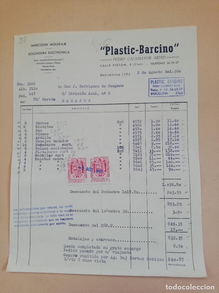Facturas antiguas: FACTURA. INYECCION MOLDEAJE. PLASTIC-BARCINO. PEDRO CASAMAYOR ARDID. BARCELONA, 1960.