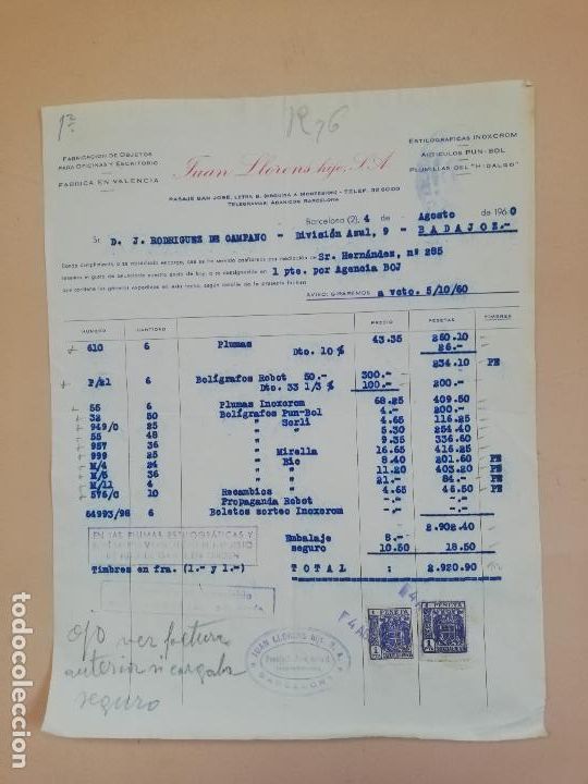 Old Invoices: FACTURA. FABRICACION DE OBJETOS PARA OFICINAS Y ESCRITORIO. JUAN LLORENS HIJOS. BARCELONA, 1960.