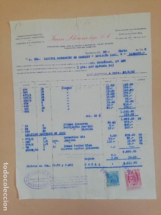 Old Invoices: FACTURA. FABRICACION DE OBJETOS PARA OFICINAS Y ESCRITORIO. JUAN LLORENS HIJOS. BARCELONA, 1960.