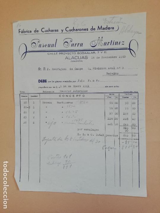 Old Invoices: FACTURA. FABRICA DE CUCHARA Y CUCHARONES DE MADERA. PASCUAL PARRA MARTINEZ. ALACUAS, VALENCIA, 1960.