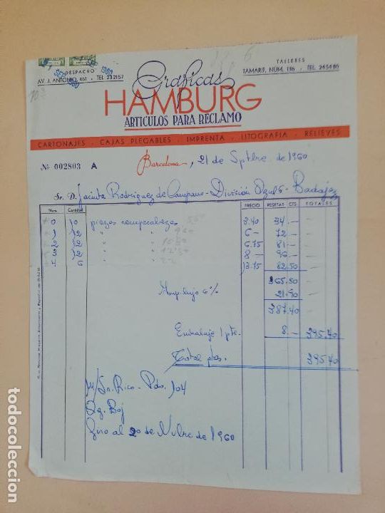 Old Invoices: FACTURA. GRAFICAS HAMBURG. ARTICULOS PARA RECLAMO. CARTONES-IMPRENTA-RELIEVES. BARCELONA, 1960.