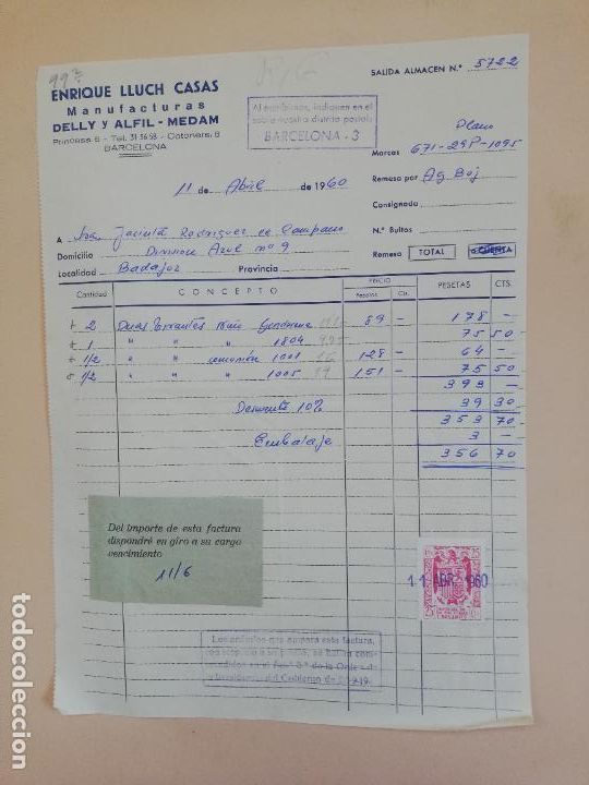 Old Invoices: FACTURA. ENRIQUE LLUCH CASAS. MANUFACTURAS DELLY Y ALFIL- MEDAM. BARCELONA, 1960.