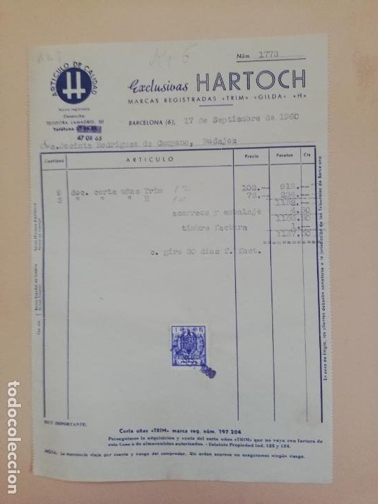 Old Invoices: FACTURA. EXCLUSIVAS HARTOCH. BARCELONA. 1960.
