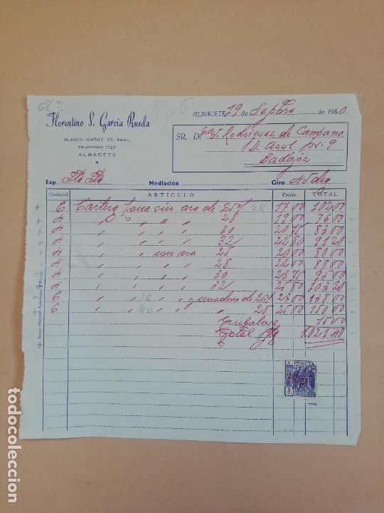 Old Invoices: FACTURA. FLORENTINO S. GARCIA RUEDA. ALBACETE. 1960.