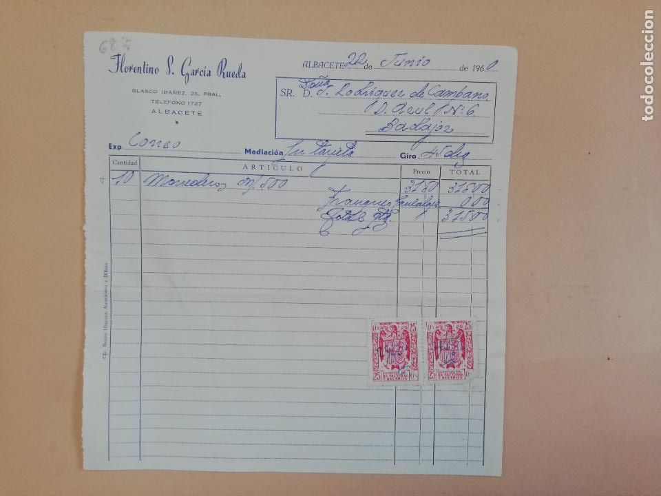 Old Invoices: FACTURA. FLORENTINO S. GARCIA RUEDA. ALBACETE. 1960.