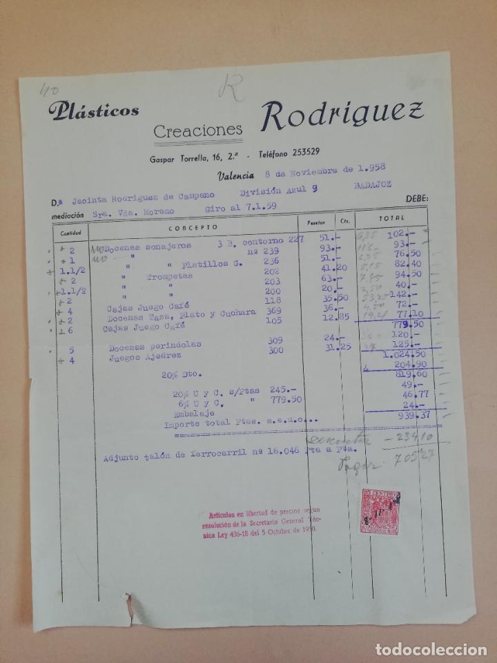 Old Invoices: FACTURA. PLASTICOS. CREACIONES RODRIGUEZ. VALENCIA, 1958.