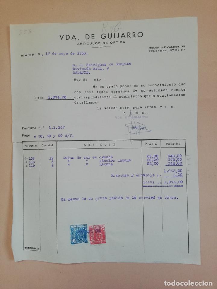 Old Invoices: FACTURA. ARTICULOS DE OPTICA. VDA. DE GUIJARRO. MADRID, 1958.