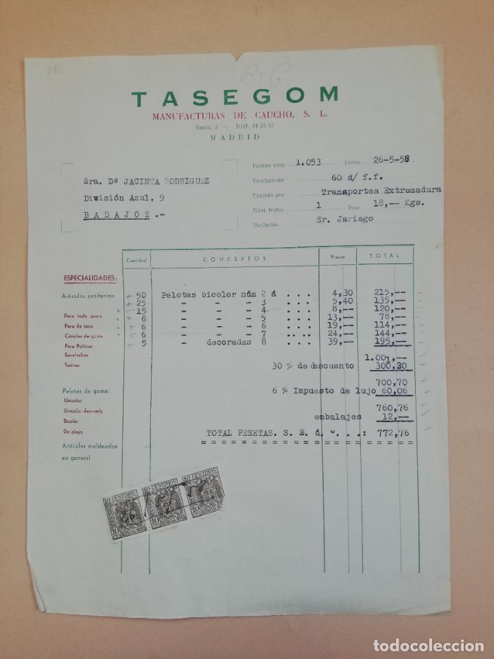 Old Invoices: FACTURA. TASEGOM. MANUFACTURAS DE CAUCHO, S. L. MADRID, 1958.