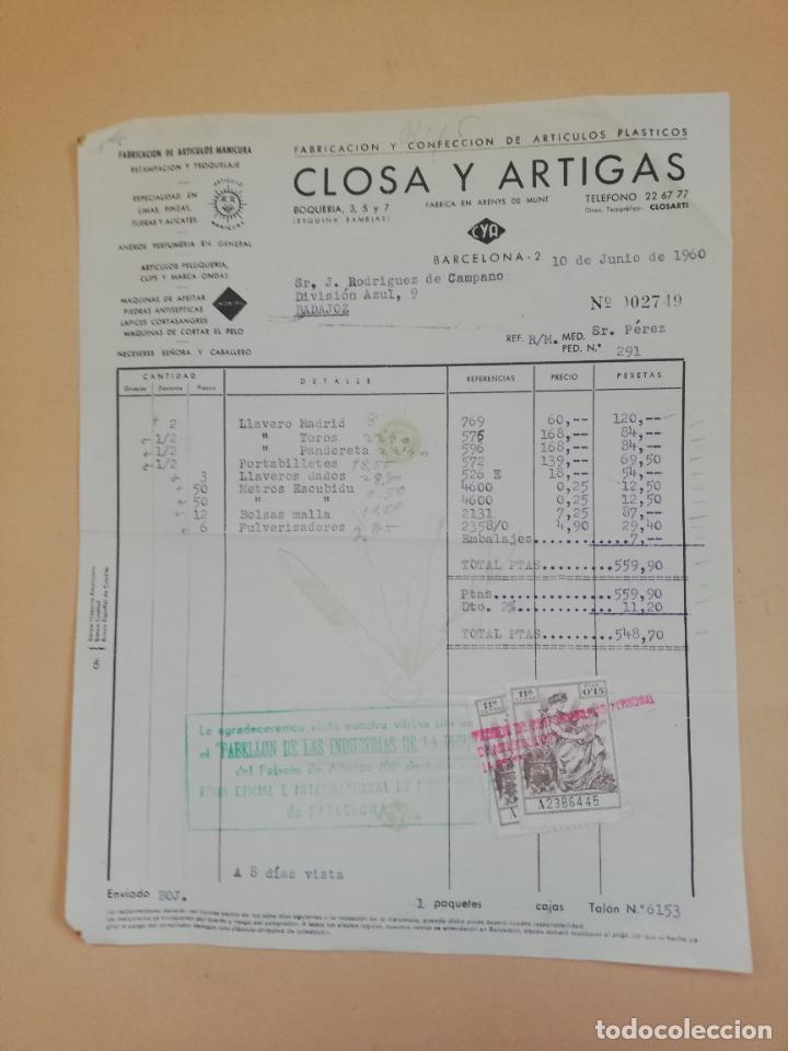 Old Invoices: FACTURA. FABRICACION Y CONFECCION DE ARTICULOS PLASTICOS. CLOSA Y ARTIGAS. BARCELONA, 1960.
