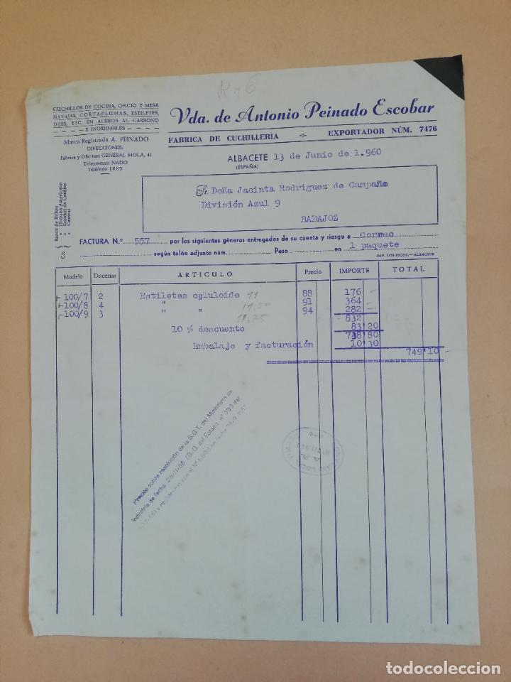 Old Invoices: FACTURA. FABRICA DE CUCHILLERIA. VDA. DE ANTONIO PEINADO ESCOBAR. ALBACETE. 1960.