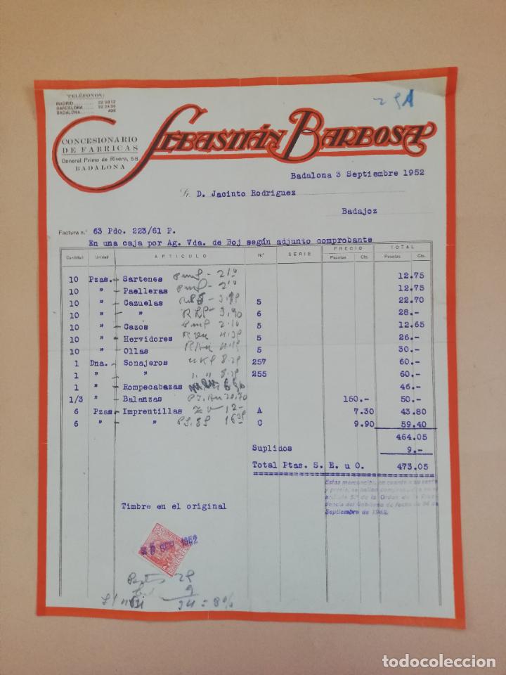 Old Invoices: FACTURA. CONCESONARIO DE FABRICAS. SEBASTIAN BARBOSA. BADALONA, 1952.