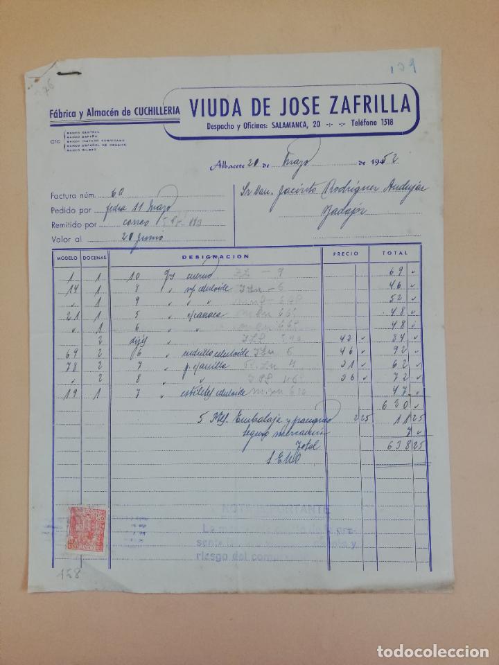 Old Invoices: FACTURA. FABRICA Y ALMACEN DE CUCHILLERIA. VIUDA DE JOSE ZAFRILLA. ALBACETE. 1952.