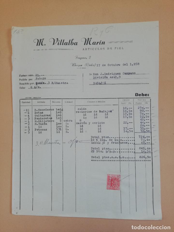 Old Invoices: FACTURA. M. VILLALBA MARIN. ARTICULOS DE PIEL. UBRIQUE, CADIZ, 1958.