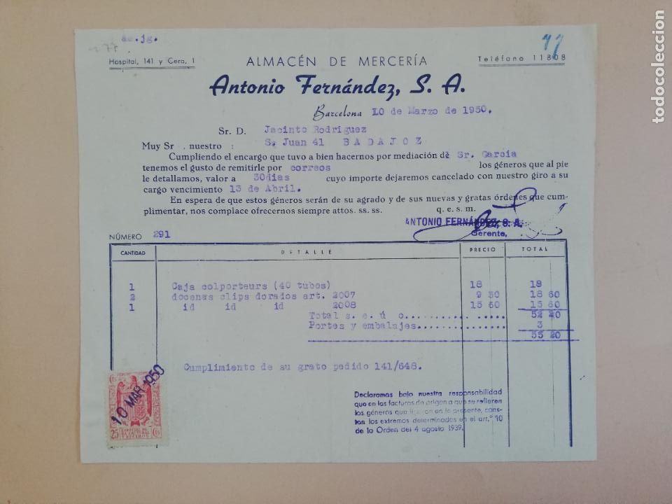 Old Invoices: FACTURA. ALMACEN DE MERCERIA. ANTONIO FERNANDEZ, S. A. BARCELONA, 1950.