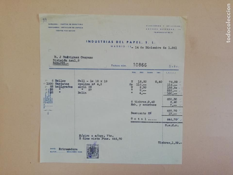 Old Invoices: FACTURA. INDUSTRIAS DEL PAPEL, S.L. MADRID, 1961.