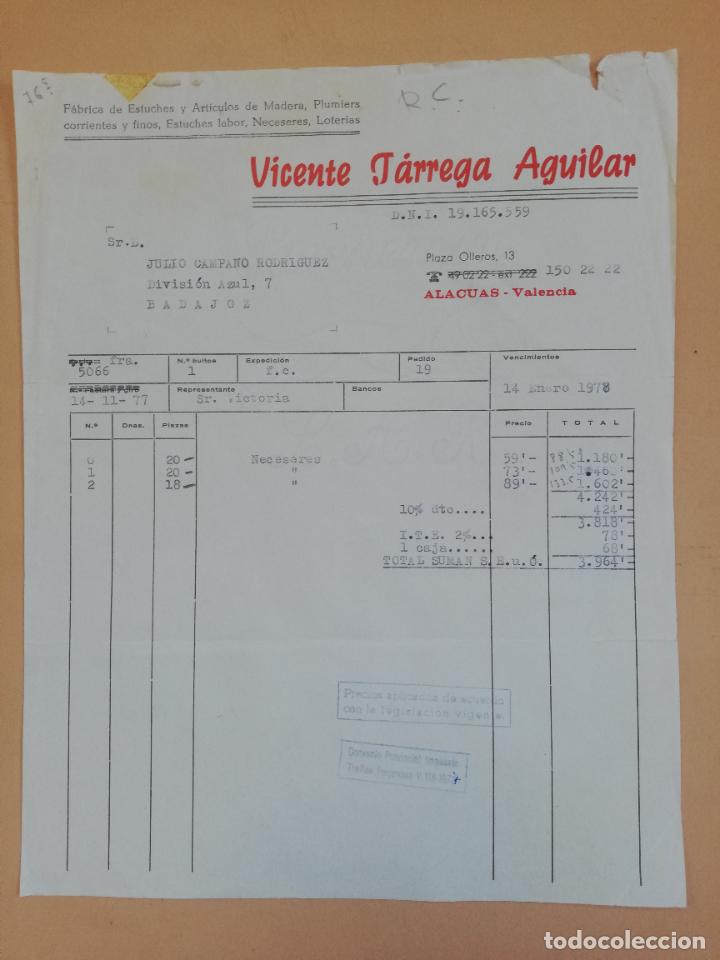 Old Invoices: FACTURA. FABRICA DE ESTUCHES Y ARTICULOS DE MADERA. VICENTE TARREGA AGUILAR. ALACUAS, VALENCIA. 1978
