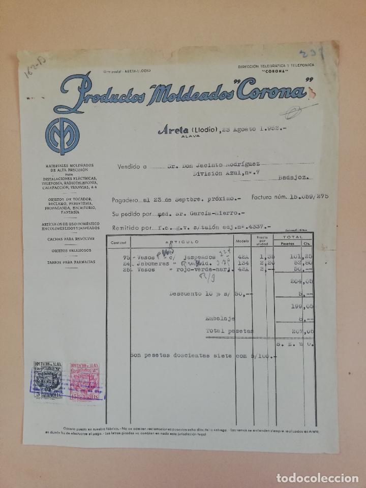 Old Invoices: FACTURA. PRODUCTOS MOLDEADOS &rdquo;CORONA&rdquo;. INSTALACIONES ELECTRICAS. ARETA ( LLODIO), ALAVA. 1952.