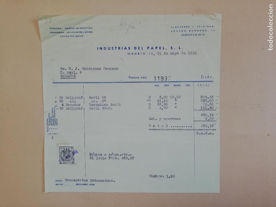 Old Invoices: FACTURA. INDUSTRIAS DEL PAPEL, S.L. MADRID, 1961.