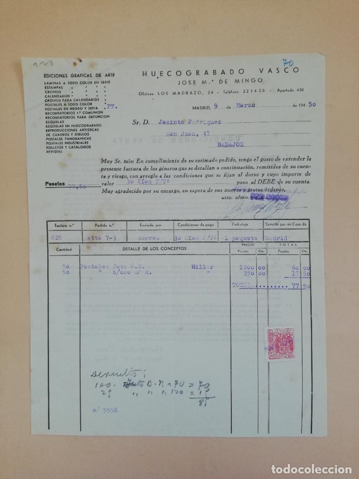 Old Invoices: FACTURA. HUECOGRABADO VASCO. EDICIONES GRAFICAS DE ARTE. JOSE M&ordf; MINGO. MADRID. 1950.