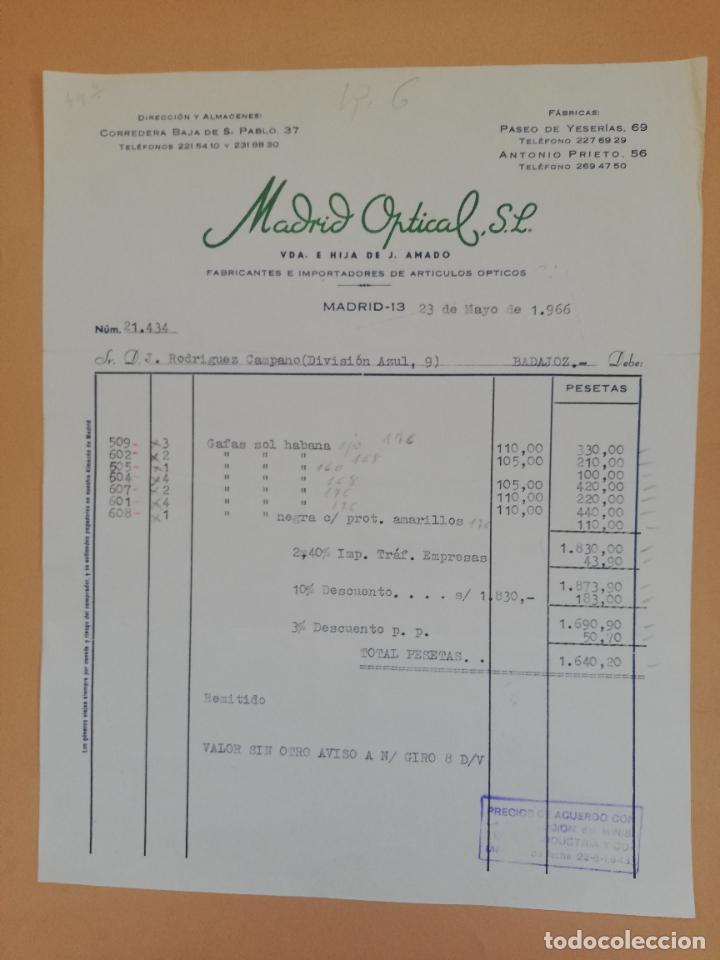 Old Invoices: FACTURA. MADRID OPTICAL, S. L. FABRICANTES E IMPORTADORES DE ARTICULOS OPTICOS. MADRID. 1966.