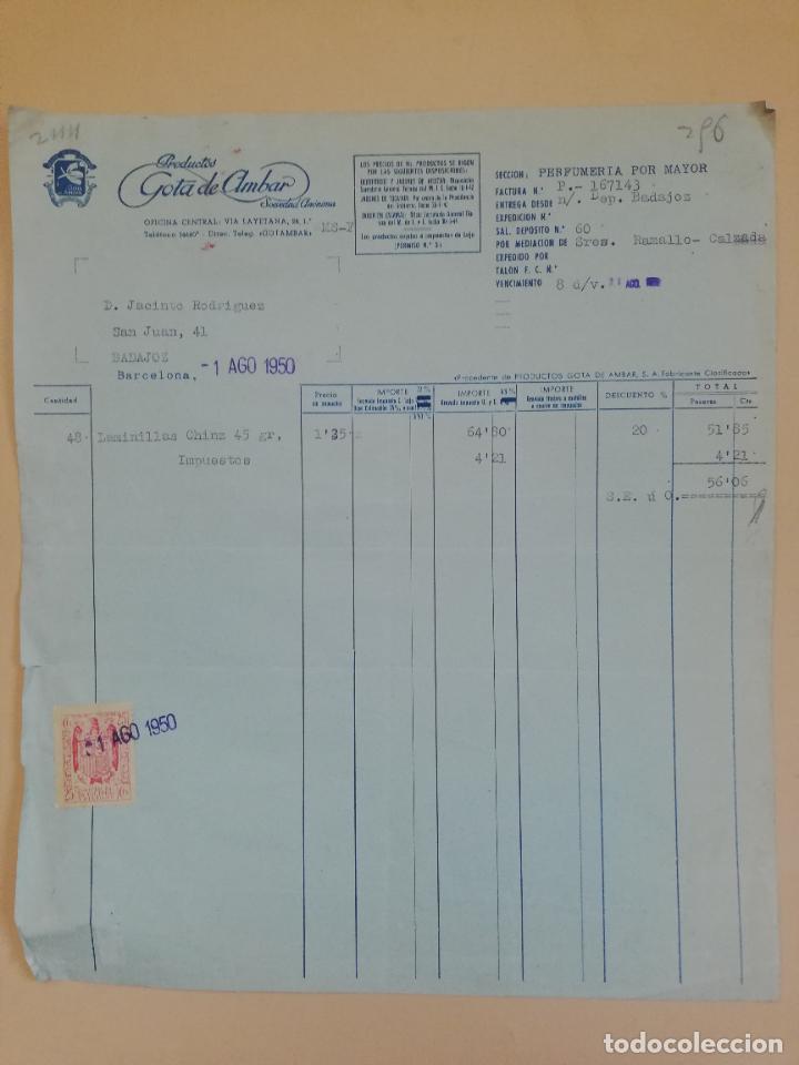 Facturas antiguas: FACTURA. PRODUCTOS GOTA DE AMBAR, S. A. BARCELONA. 1950.
