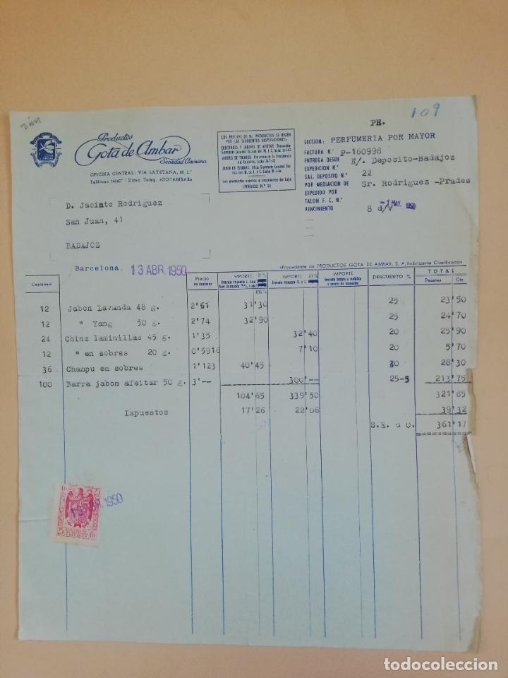Facturas antiguas: FACTURA. PRODUCTOS GOTA DE AMBAR, S. A. BARCELONA. 1950.
