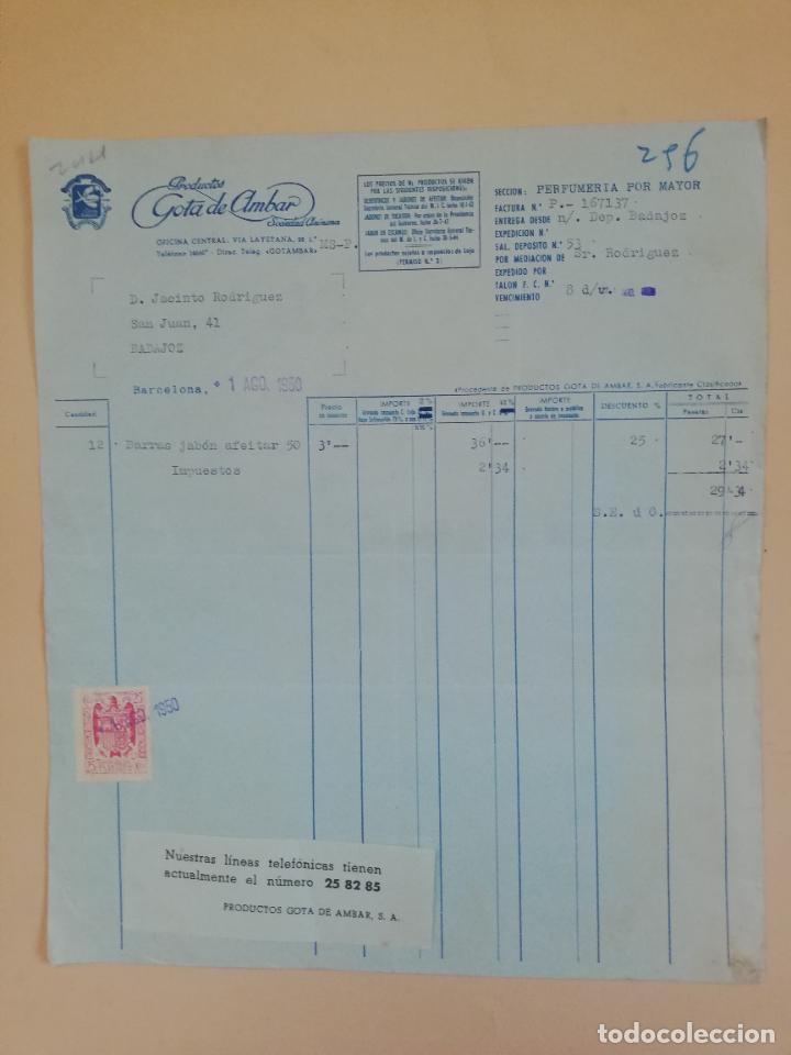 Facturas antiguas: FACTURA. PRODUCTOS GOTA DE AMBAR, S. A. BARCELONA. 1950.