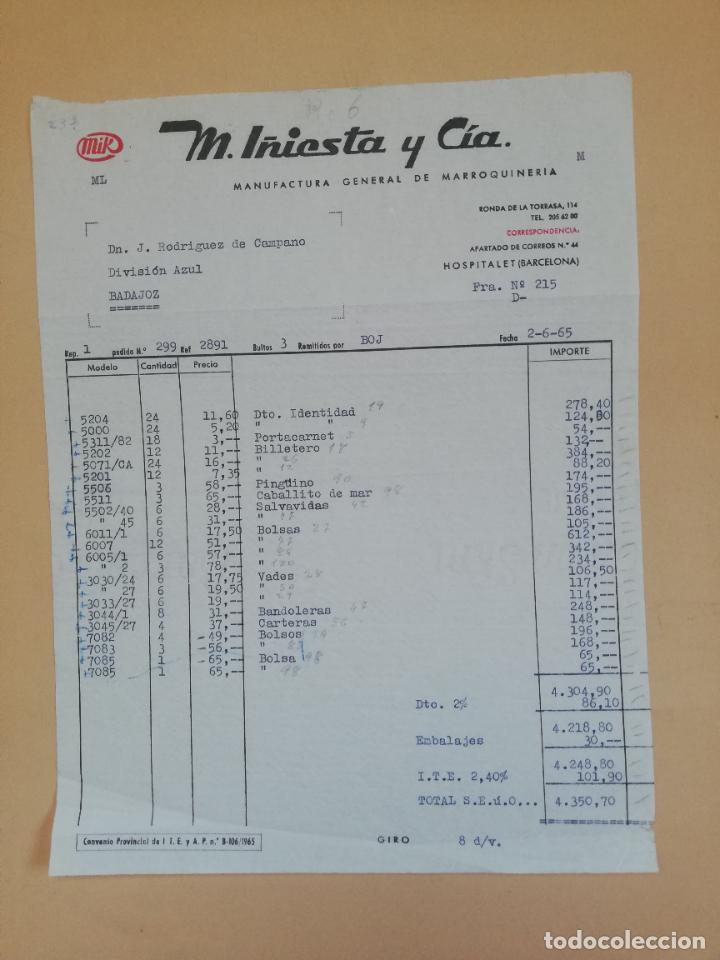 Old Invoices: FACTURA. MANUFACTURA GENERAL DE MARROQUINERIA. MIK, M. I&Ntilde;IESTA Y CIA. HOSPITALET, BARCELONA, 1965.