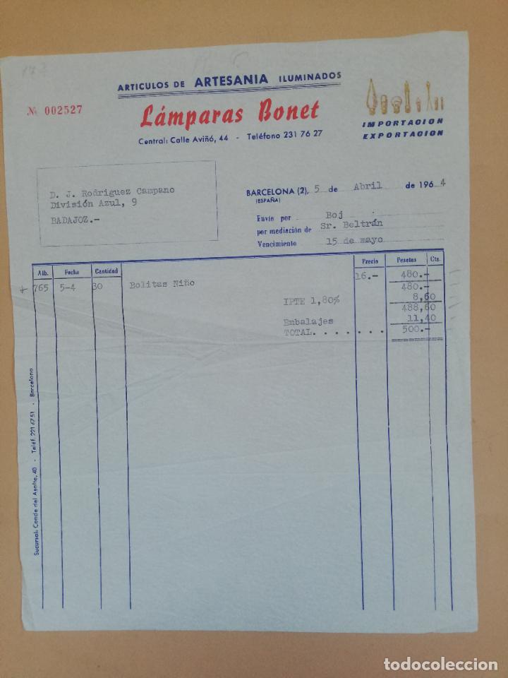 Old Invoices: FACTURA. ARTICULOS DE ARTESANIA, ILUMINADOS. LAMPARAS BONET. BARCELONA, 1964.