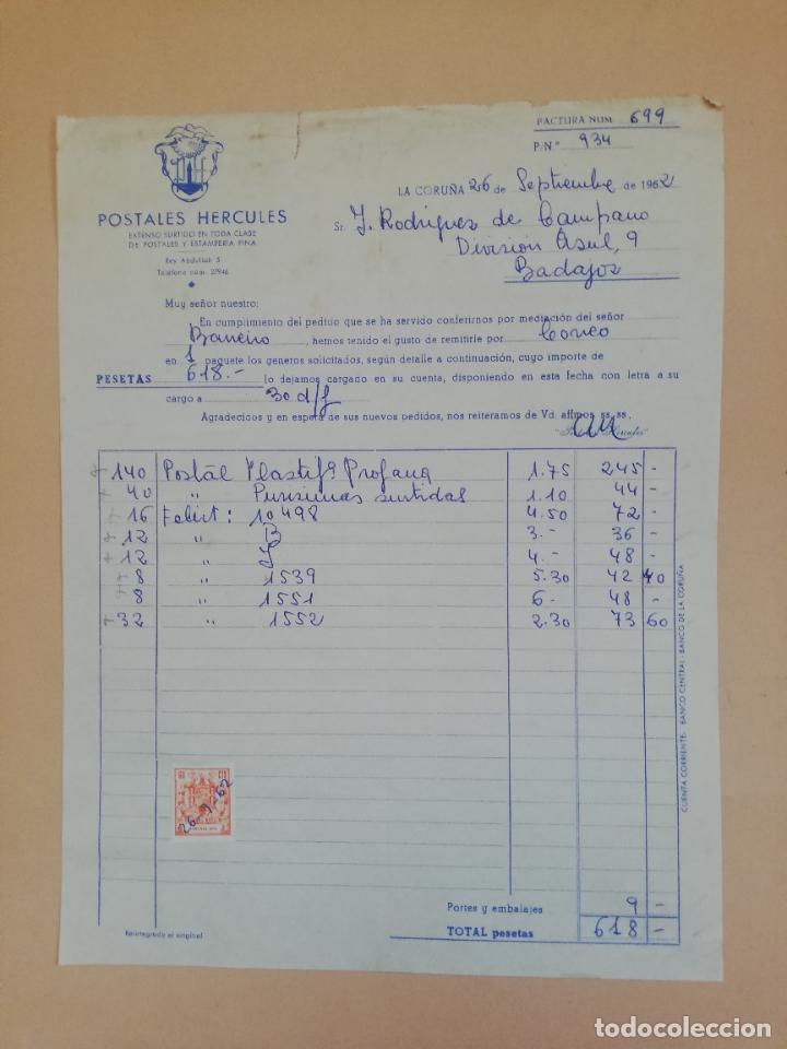 Old Invoices: FACTURA. POSTALES HERCULES. LA CORU&Ntilde;A, 1962.