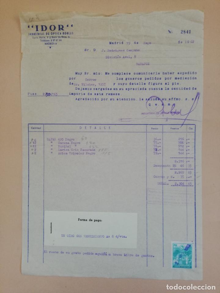 Old Invoices: FACTURA. INDUSTRIAL DE OPTICAS ROBLES. IDOR. MADRID, 1962.