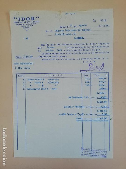 Old Invoices: FACTURA. INDUSTRIAL DE OPTICAS ROBLES. IDOR. MADRID, 1966.