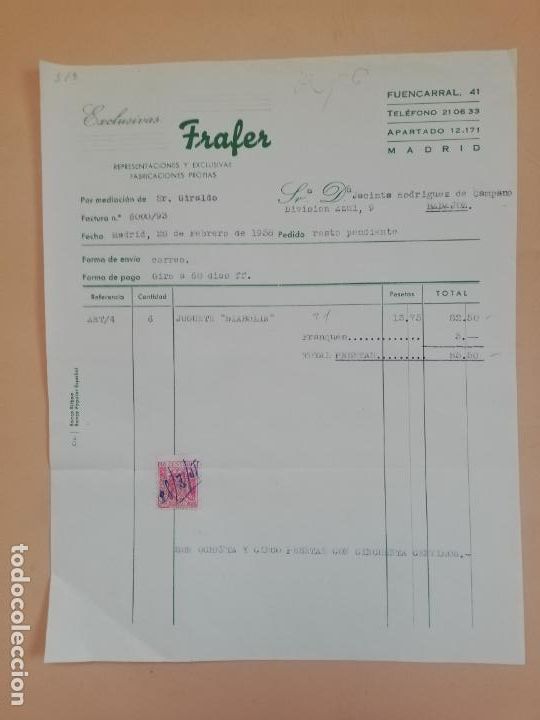 Old Invoices: FACTURA. EXCLUSIVAS FRAFER. FABRICACIONES PROPIAS. MADRID, 1958.