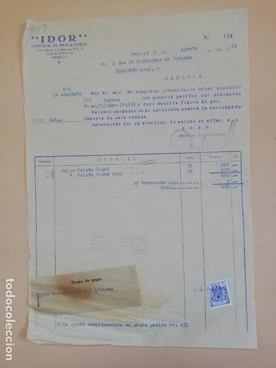 Old Invoices: FACTURA. INDUSTRIAL DE OPTICAS ROBLES. IDOR. MADRID, 1961.