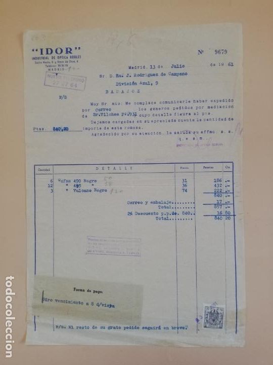 Old Invoices: FACTURA. INDUSTRIAL DE OPTICAS ROBLES. IDOR. MADRID, 1961.