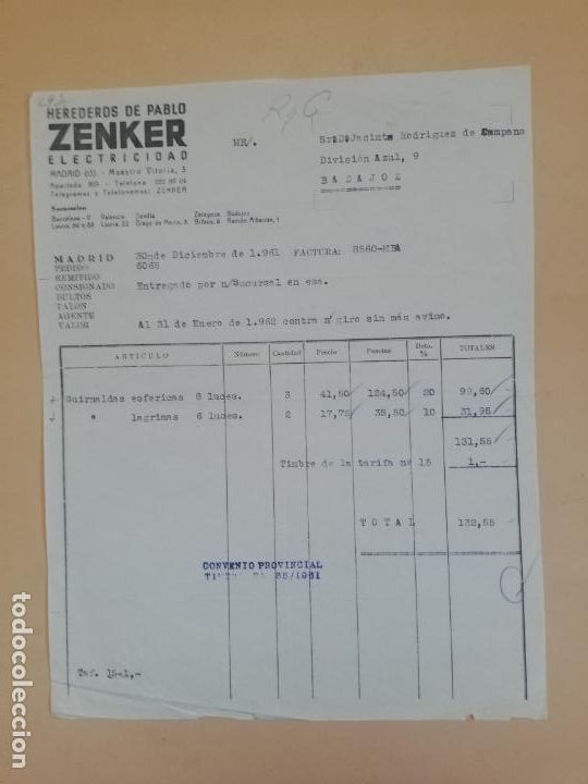 Old Invoices: FACTURA. ZENKER, ELECTRICIDAD. HEREDEROS DE PABLO. MADRID, 1962.