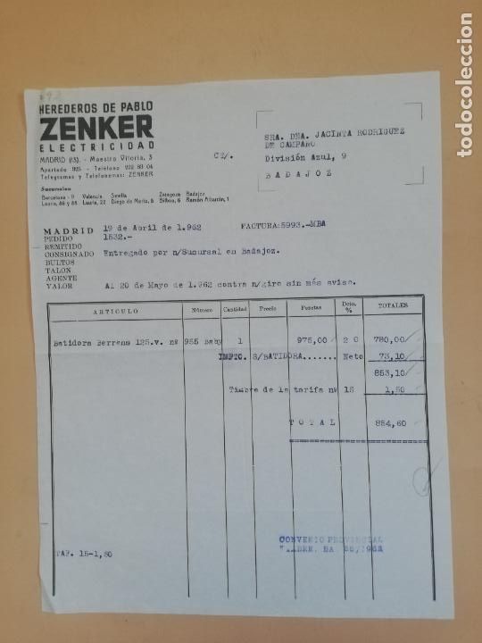 Old Invoices: FACTURA. ZENKER, ELECTRICIDAD. HEREDEROS DE PABLO. MADRID, 1962.