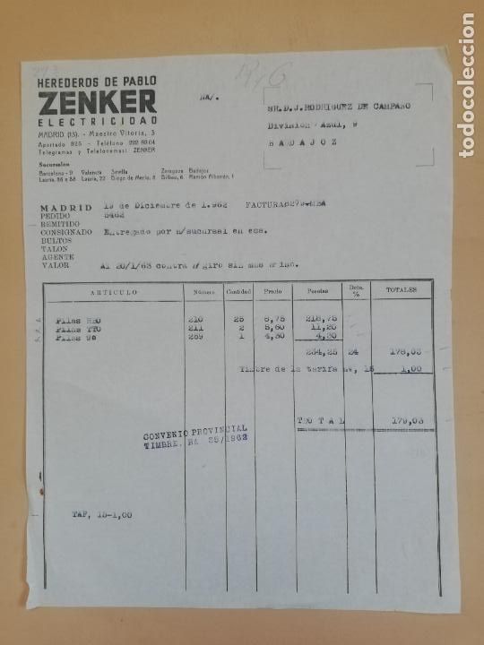 Old Invoices: FACTURA. ZENKER, ELECTRICIDAD. HEREDEROS DE PABLO. MADRID, 1962.
