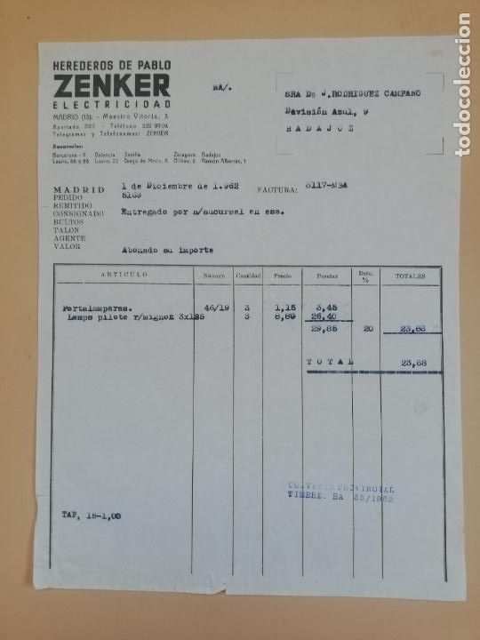 Old Invoices: FACTURA. ZENKER, ELECTRICIDAD. HEREDEROS DE PABLO. MADRID, 1962.