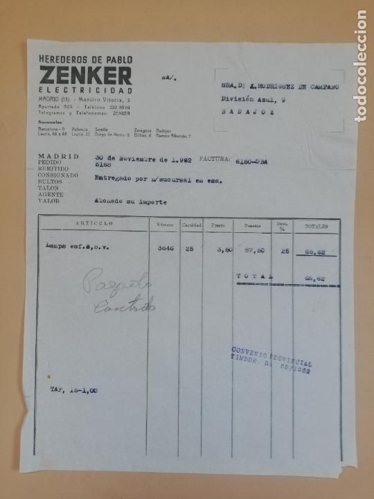 Old Invoices: FACTURA. ZENKER, ELECTRICIDAD. HEREDEROS DE PABLO. MADRID, 1962.