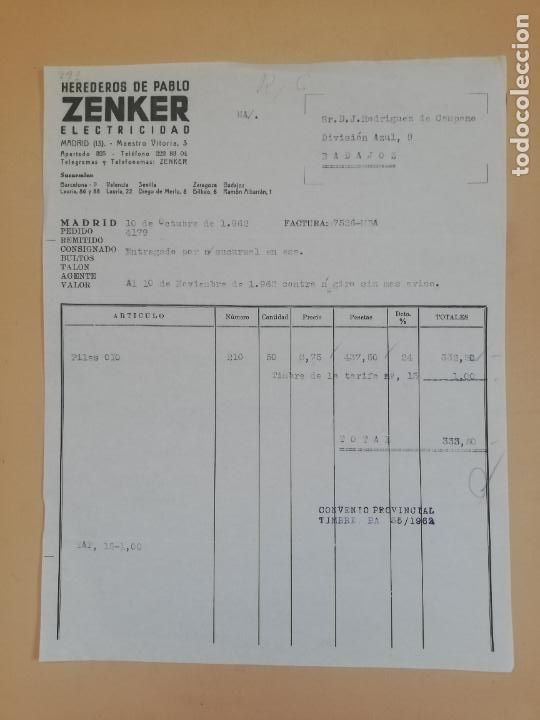 Old Invoices: FACTURA. ZENKER, ELECTRICIDAD. HEREDEROS DE PABLO. MADRID, 1962.