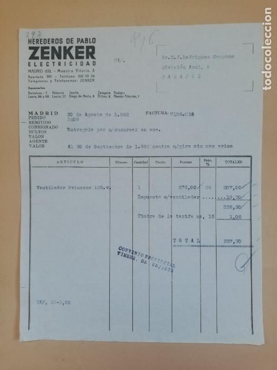 Old Invoices: FACTURA. ZENKER, ELECTRICIDAD. HEREDEROS DE PABLO. MADRID, 1962.